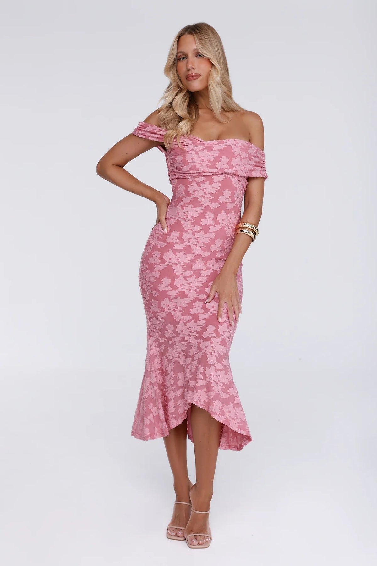 Botanical Embrace Off Shoulder Midi Dress Rose