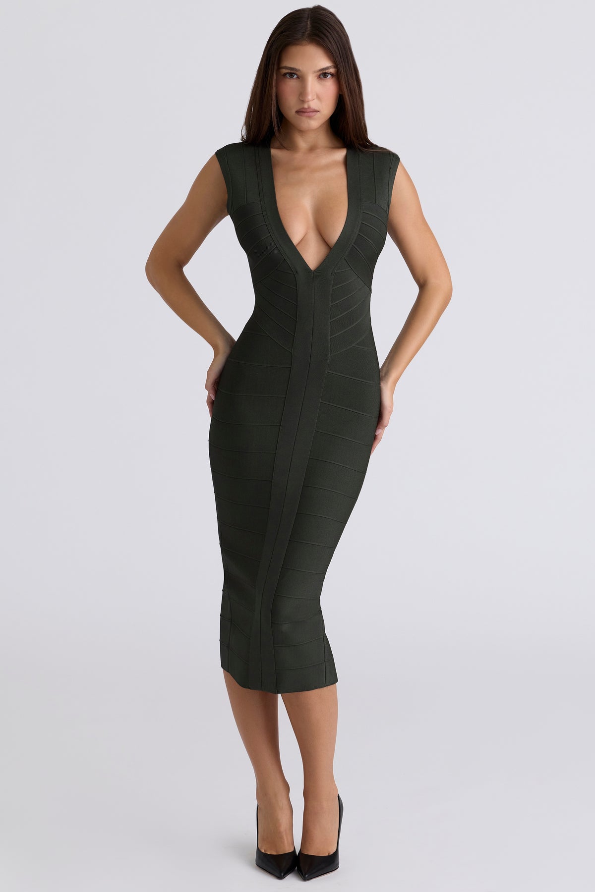 The Super Plunge-Emerald Stretch Bandage Midi Dress