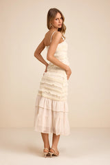 Harley Cream Smocked Ruffled Midi Dress