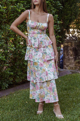 Floral Print Tie-up Tiered Midi Dress