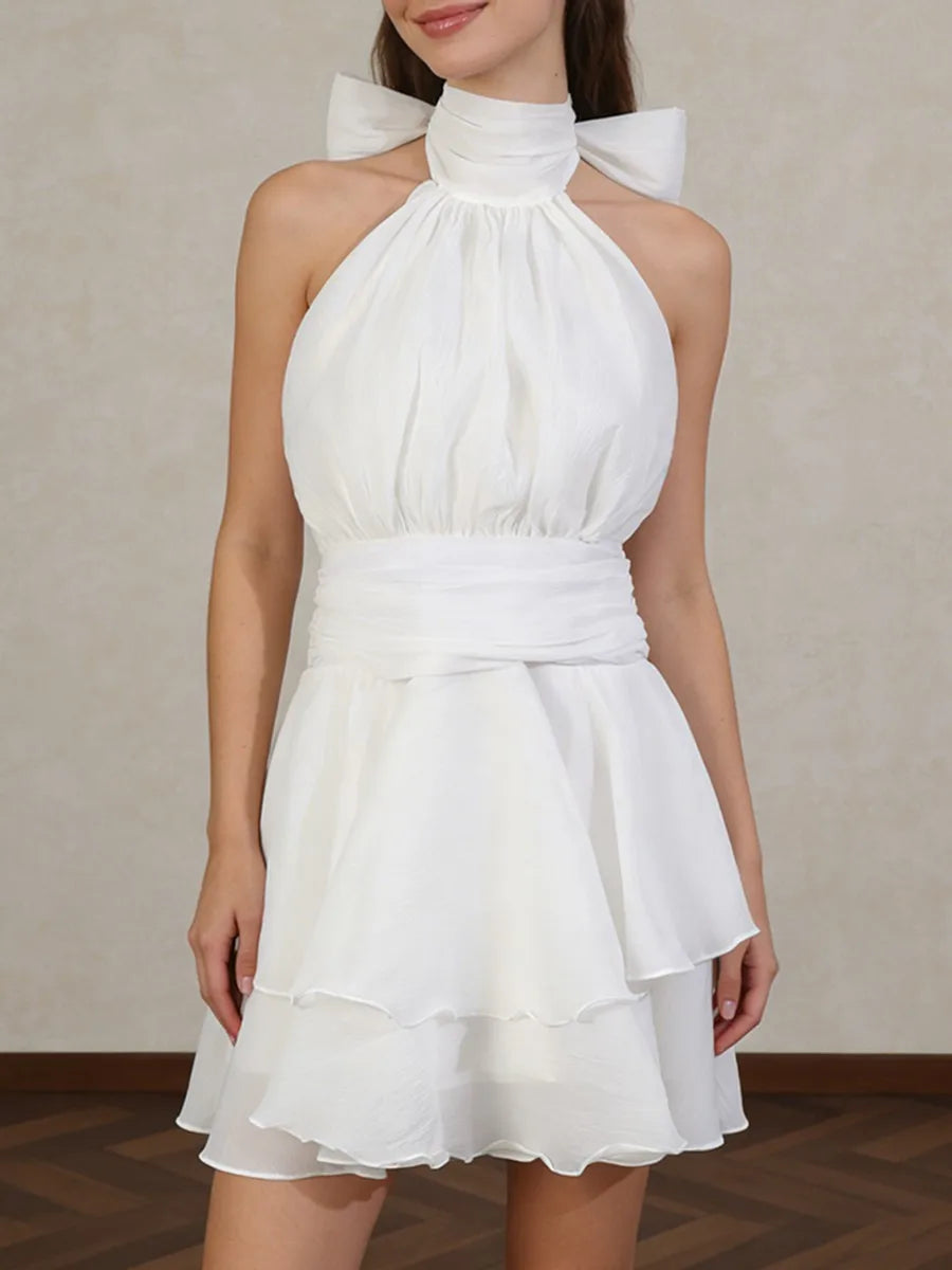 White Ruffles Turtleneck Mini Dress