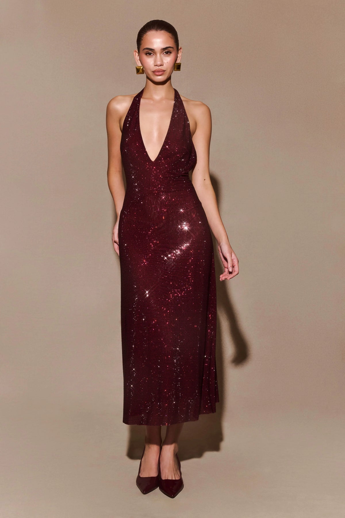 Genie Diamante Halter Midi Dress - Mahogany