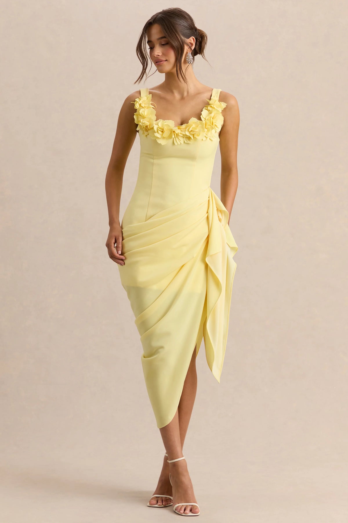 Letitia | Lemon Square-Neck Floral Detailed Wrap Midi Dress