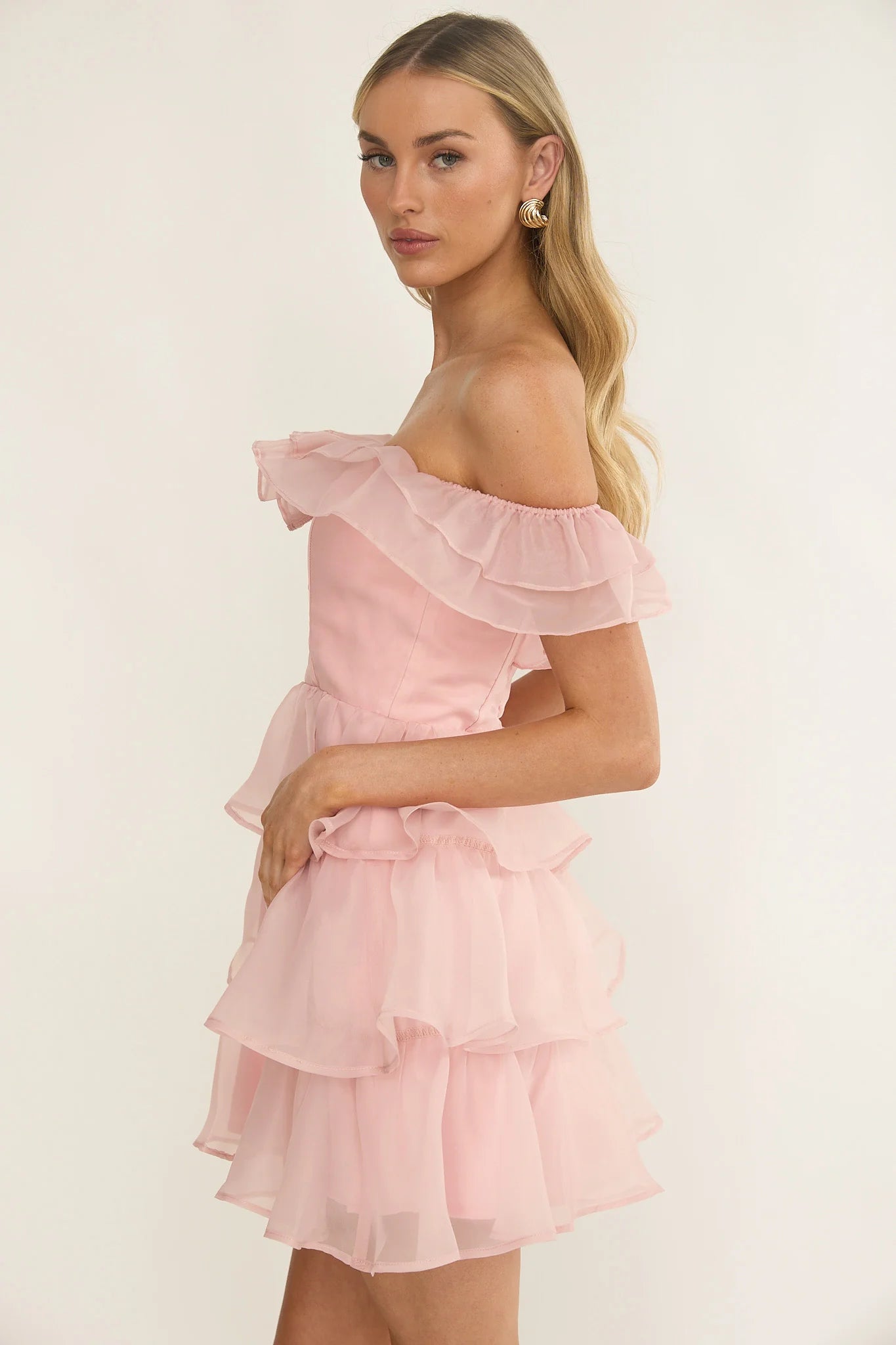 Rosira Off-Shoulder Ruffle Mini Dress Pink