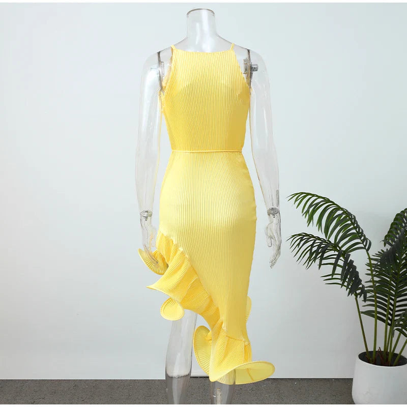 Sculpted Ruffle Asymmetric Hem Halter Midi Dress