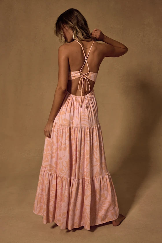 Mykonos Memories Peach and Pink Abstract Maxi Dress With Pockets