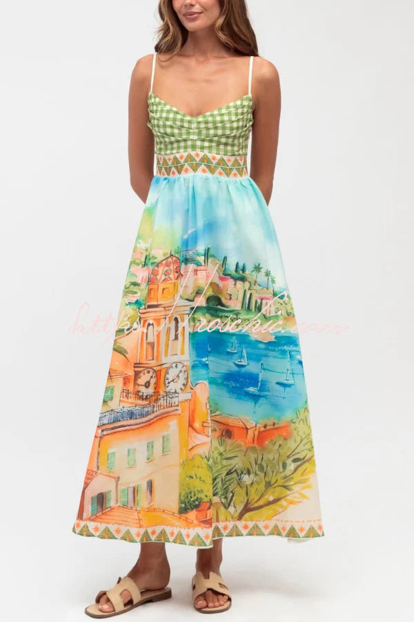 Unique Printed Spaghetti Strap Pleated Casual Maxi Dress