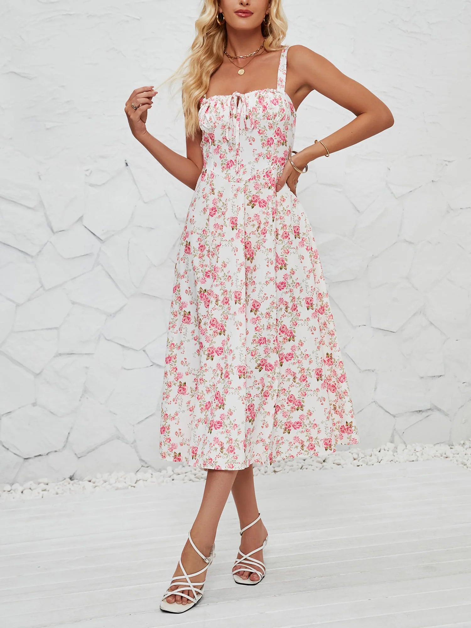 Floral Sleeveless Lace-Up Side Slit Dress Sundress
