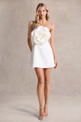 Daffodil | White Bandeau Mini Dress With Large Floral Corsage