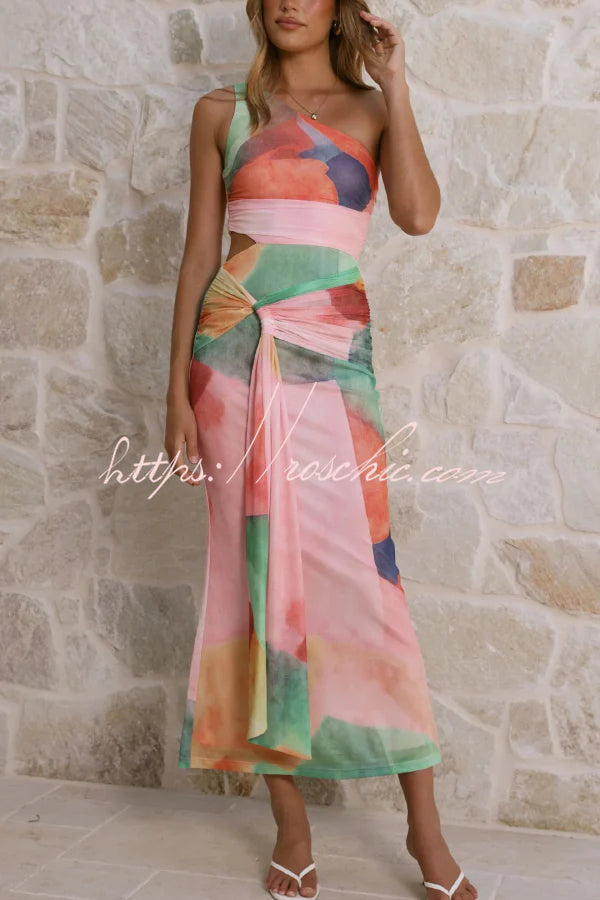 Unique Printed One-Shoulder Cutout Fitted Lace-Up Maxi Dress