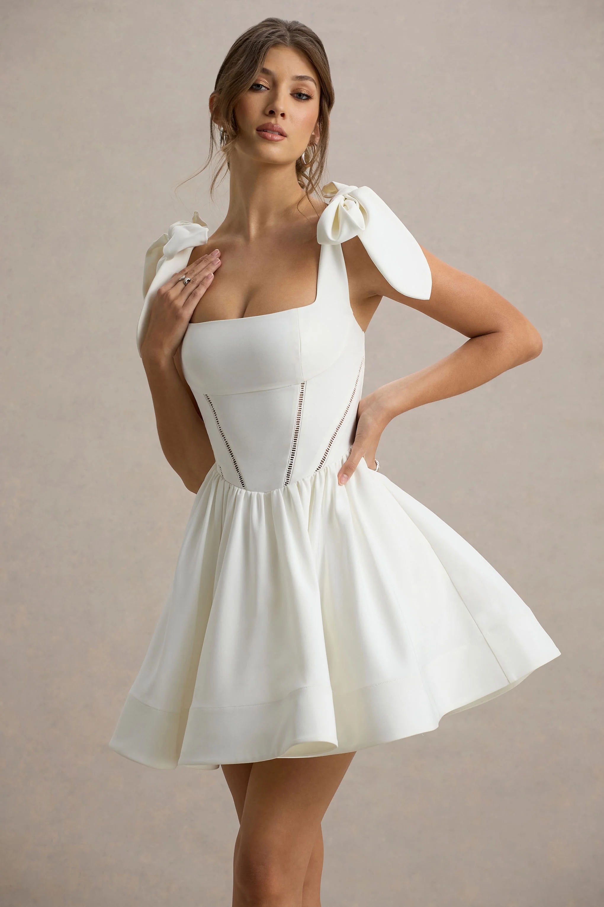 Mochi | White Skater Mini Dress With Bow Straps