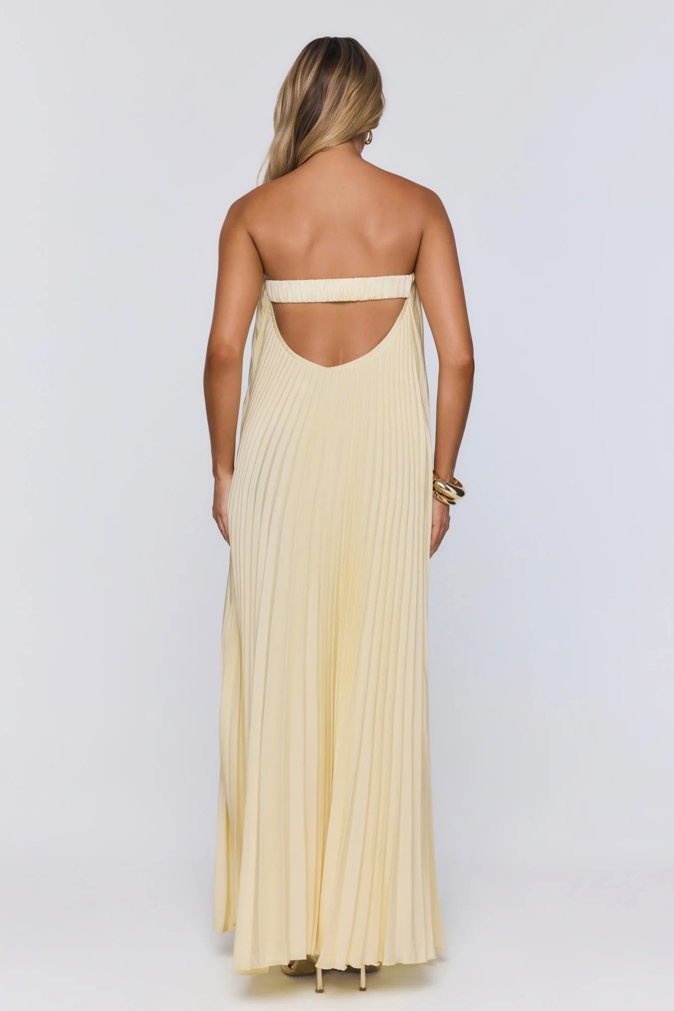 Moonlit Sea Pleated Strapless Maxi Dress Lemon