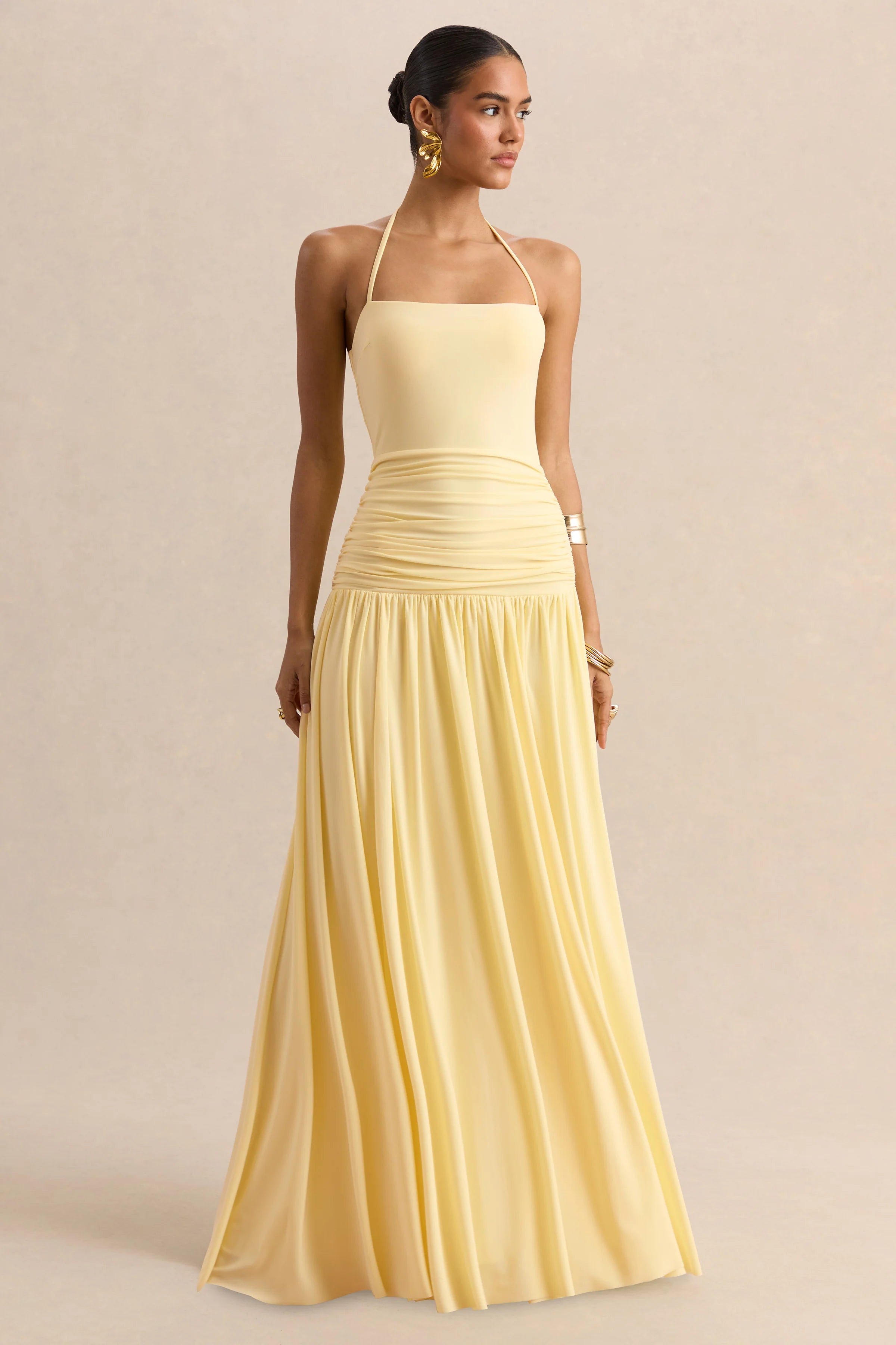 Nicolette | Lemon Square-Neck Maxi Dress With Ruched-Detailing