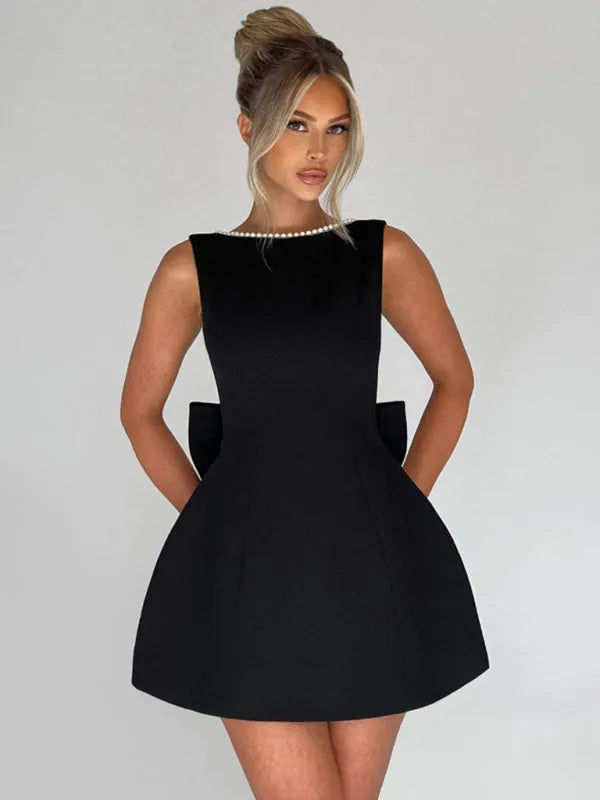 Pearl Bow Slim Backless A-Line Short Dress