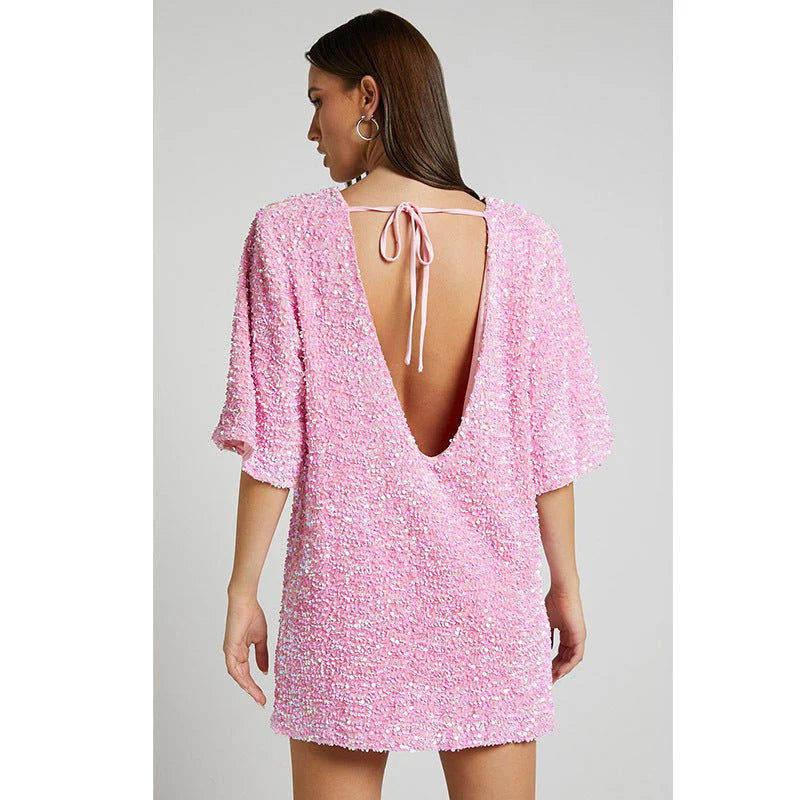 Velvet Sequin Elegant V neck Backless Short Sleeve Dress