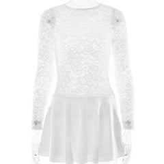 Lace Sheer Patchwork Ruffle Long Sleeve Mini Dress