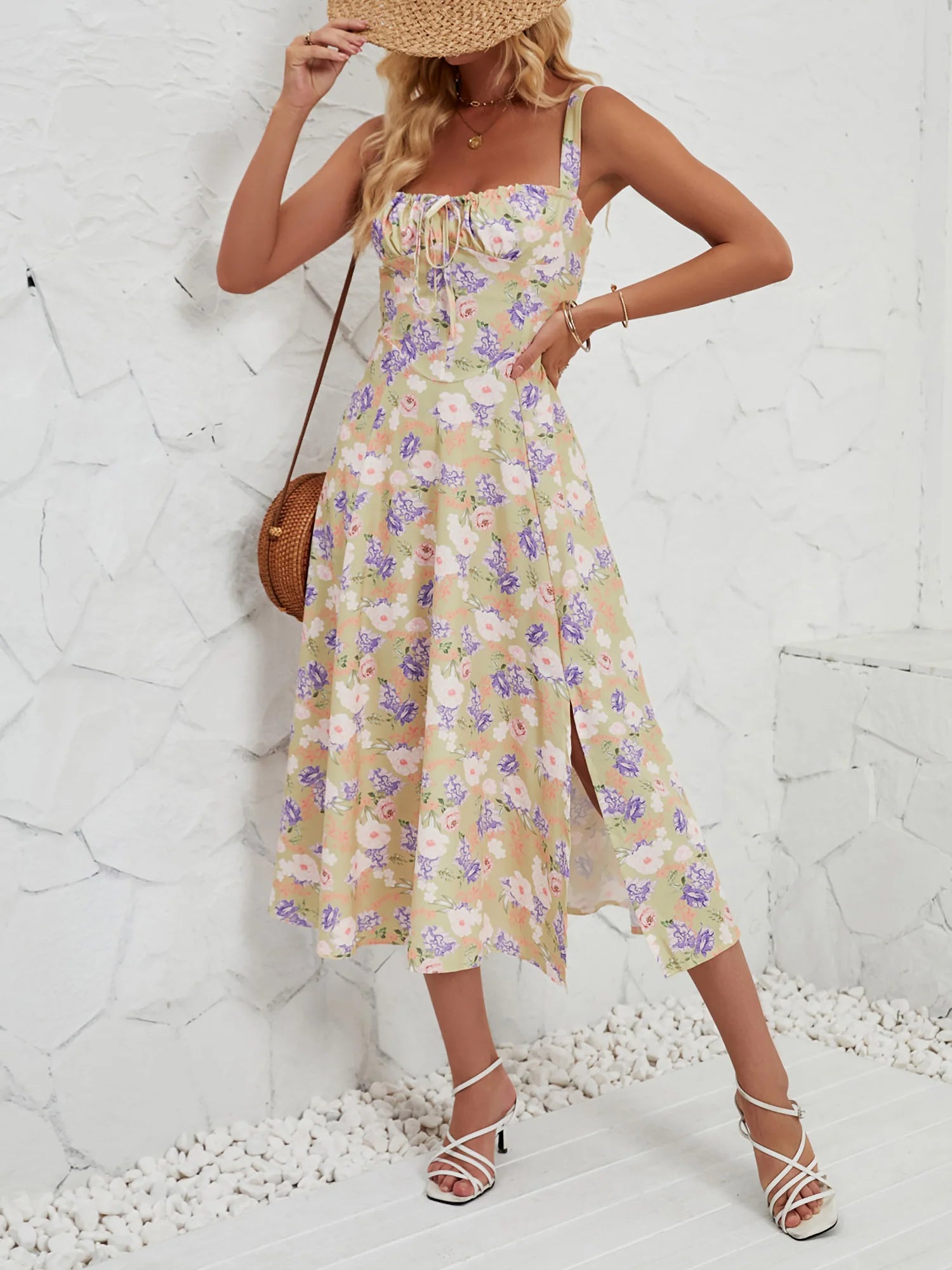 Floral Sleeveless Lace-Up Side Slit Dress Sundress