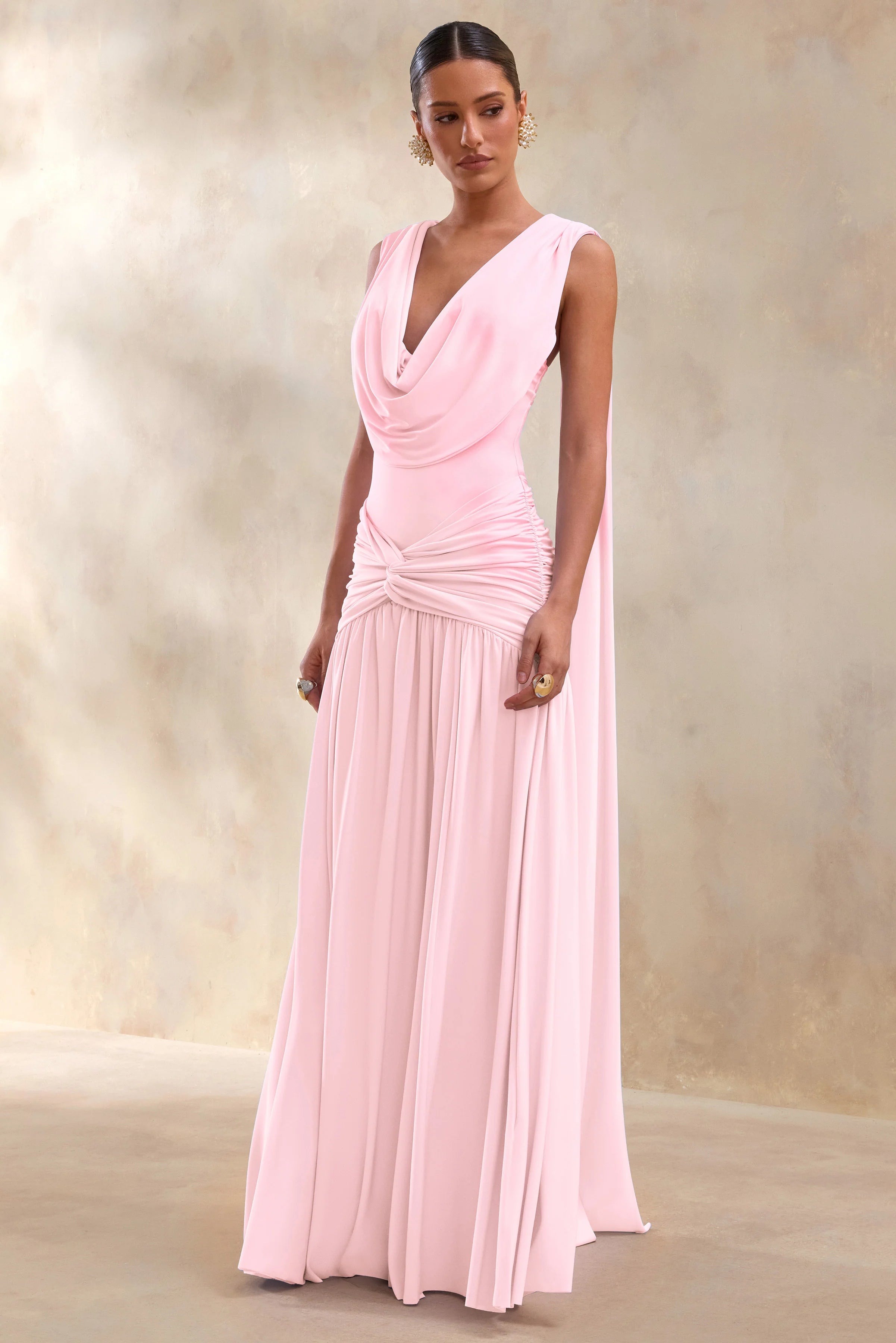 Amelisse | Light Pink Plunge-Neck Maxi Dress With Ruched-Detailing