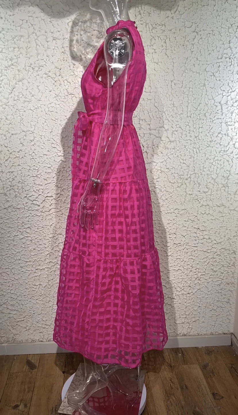 2023 Fashion Trends | Hot Pink Halter Retro Maxi Summer Dress