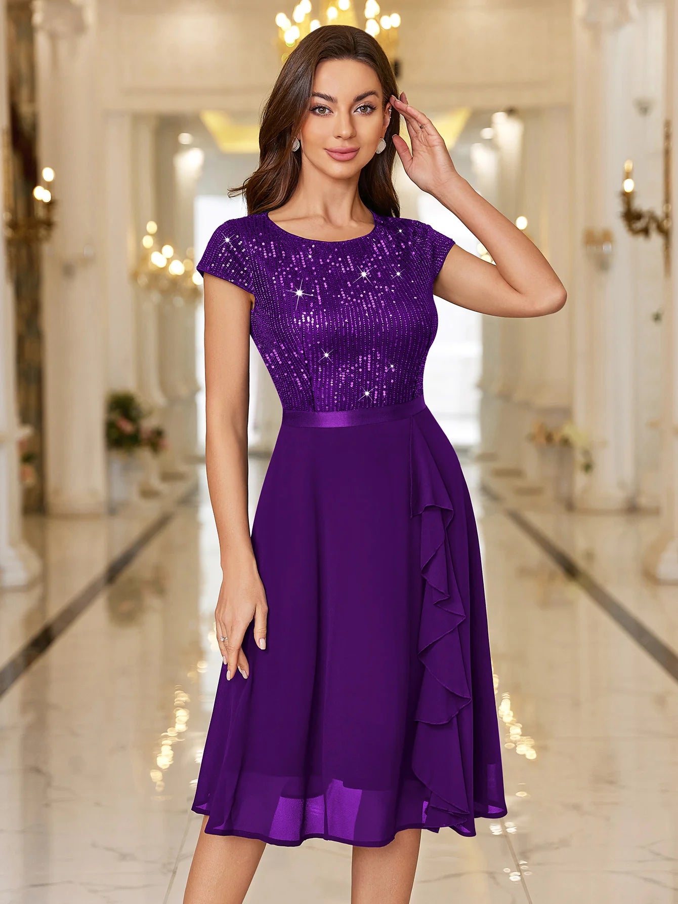 Sequin Lace Ruffle Trim Chiffon Cocktail Party Swing Dress for Weddings, Proms & Formal Events