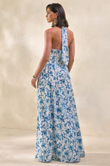 Liana | Blue Porcelain Print Halter-Neck Maxi Dress