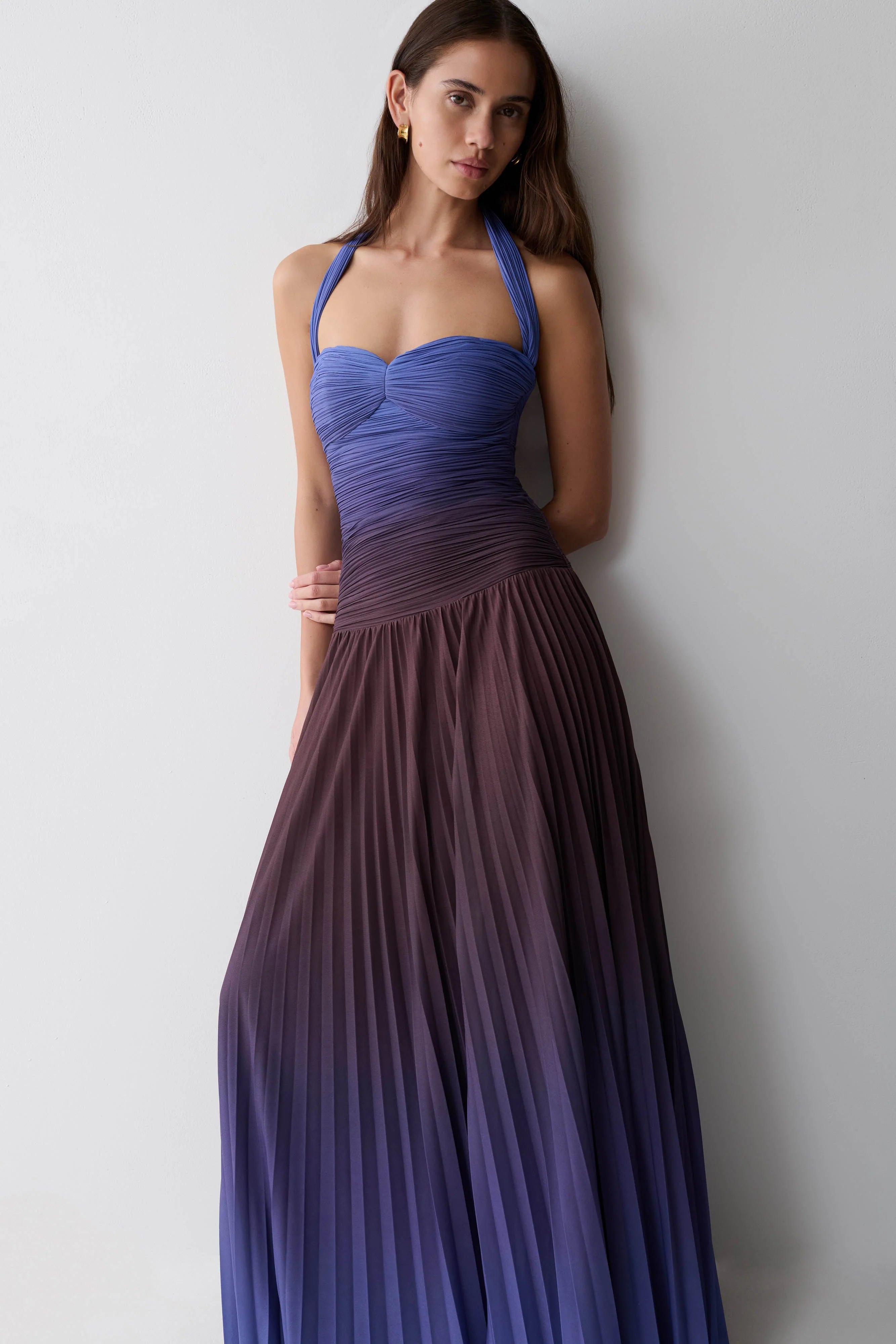 Azizi Pleated Halter Midi Dress - Chocolate & Blue Ombre Print