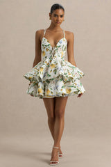 Flavia | Lemon Floral Print Plunge-Neck Ruffled Skater Micro-Mini Dress