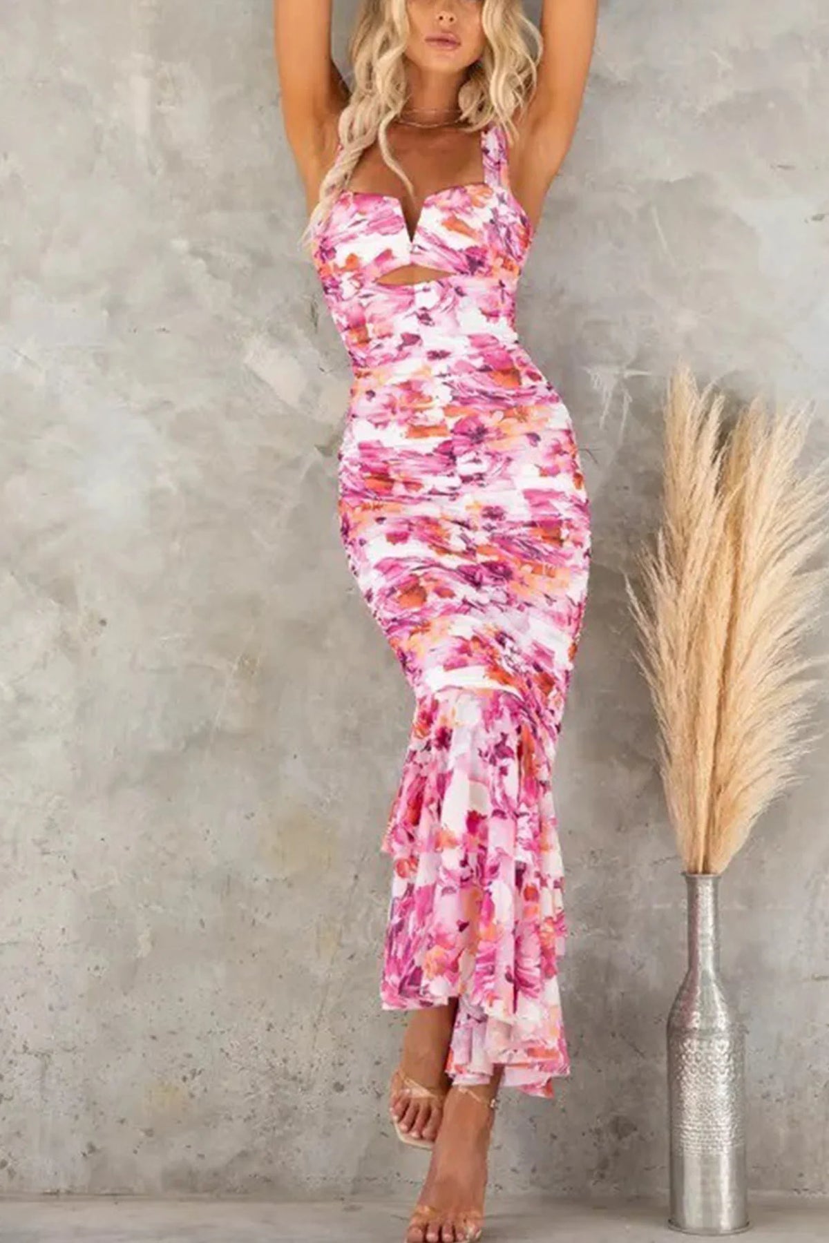 Floral Print Ruched Fishtail Dress