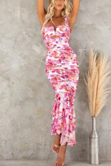 Floral Print Ruched Fishtail Dress