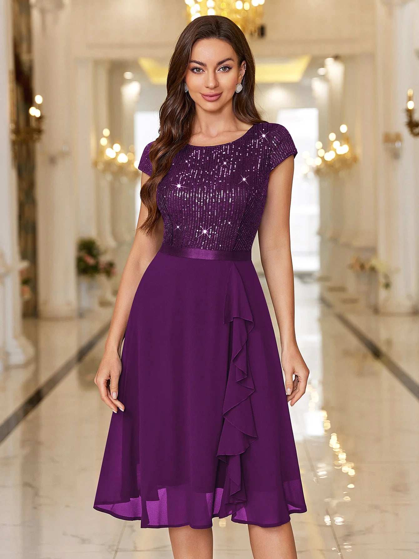 Sequin Lace Ruffle Trim Chiffon Cocktail Party Swing Dress for Weddings, Proms & Formal Events