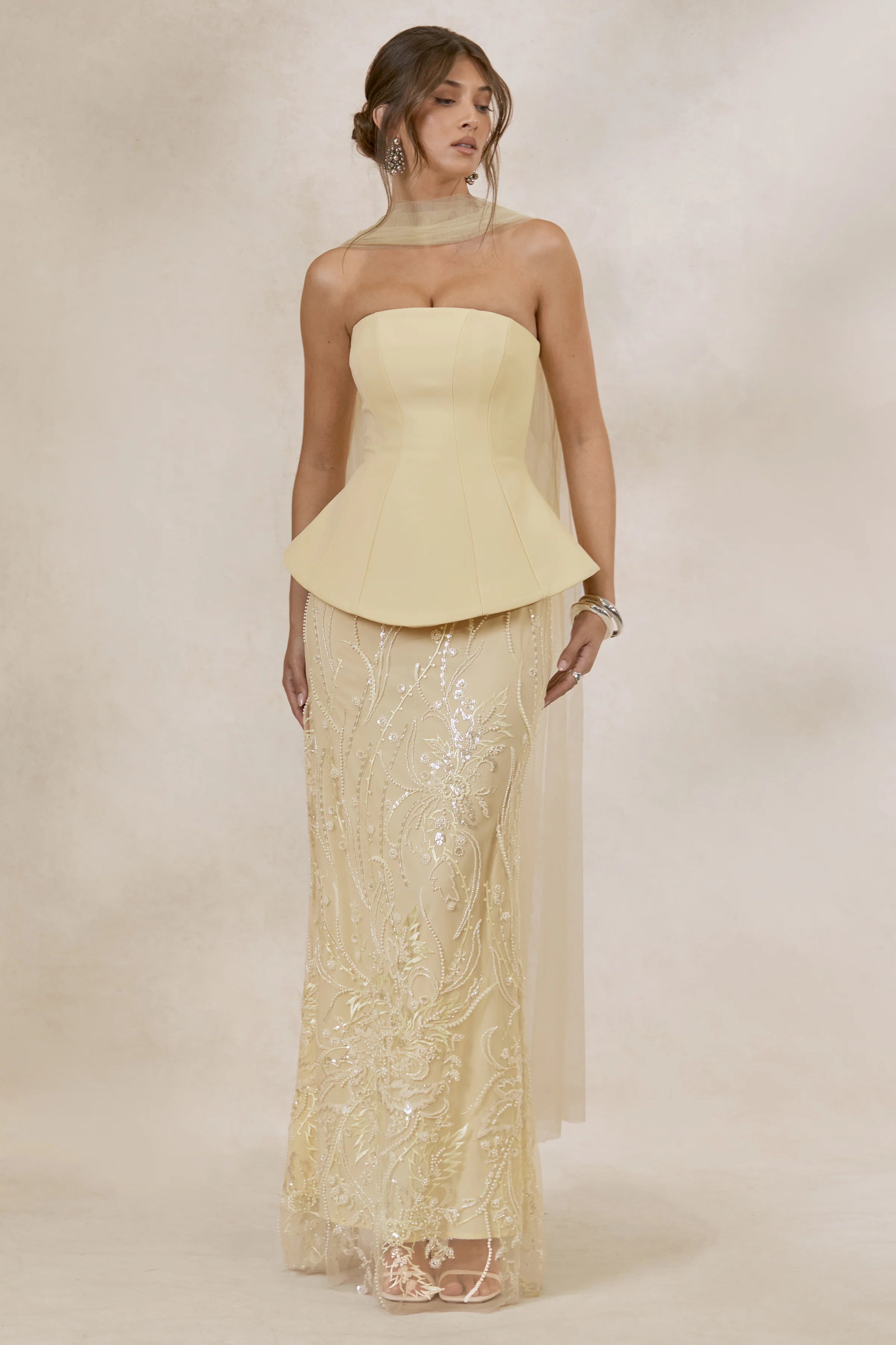 Lorna | Lemon Bandeau Maxi Dress With Scarf