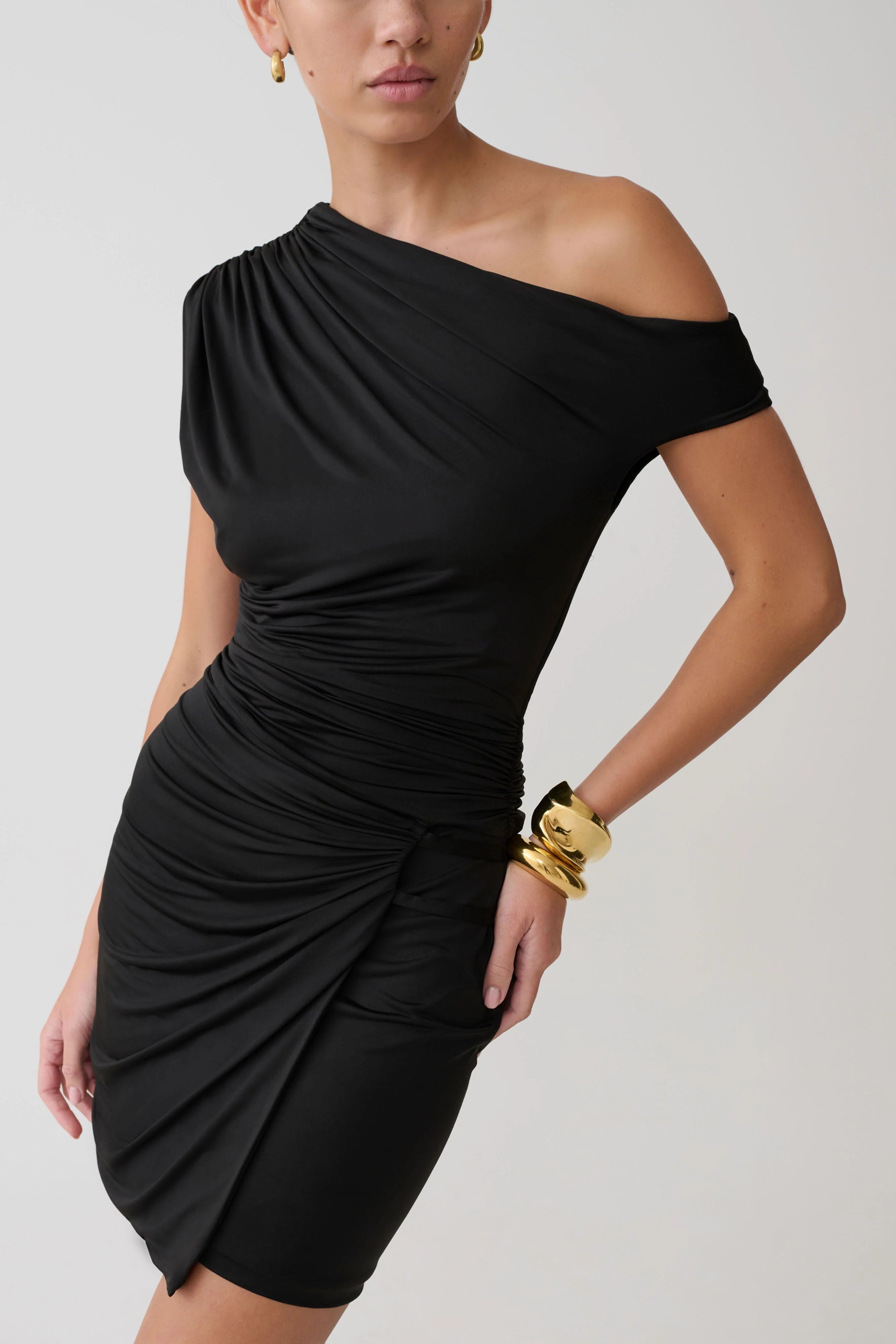 Alyn Off Shoulder Draped Mini Dress - Black