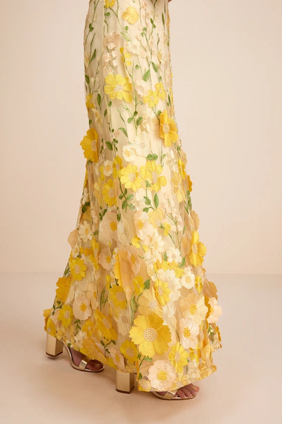 Thriving Poise Yellow 3D Floral Embroidered Tie-Strap Maxi Dress