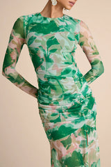 Vibrant Poise Green Floral Print Mesh Ruched Maxi Dress