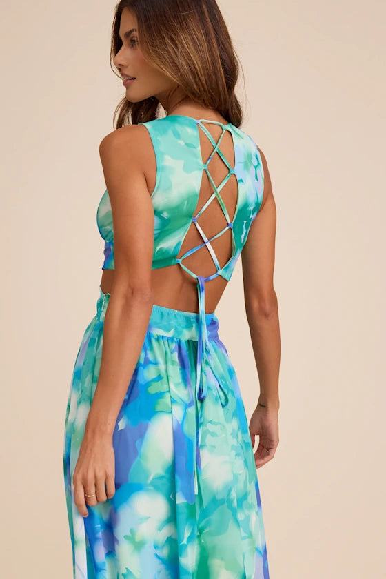 Elisanna Teal Multi Floral Lace-Up Midi Dress