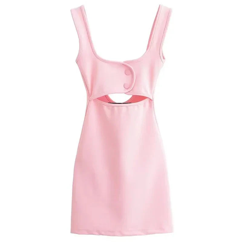 Pink Strap Cut Out Snap Button Bodycon Mini Dress