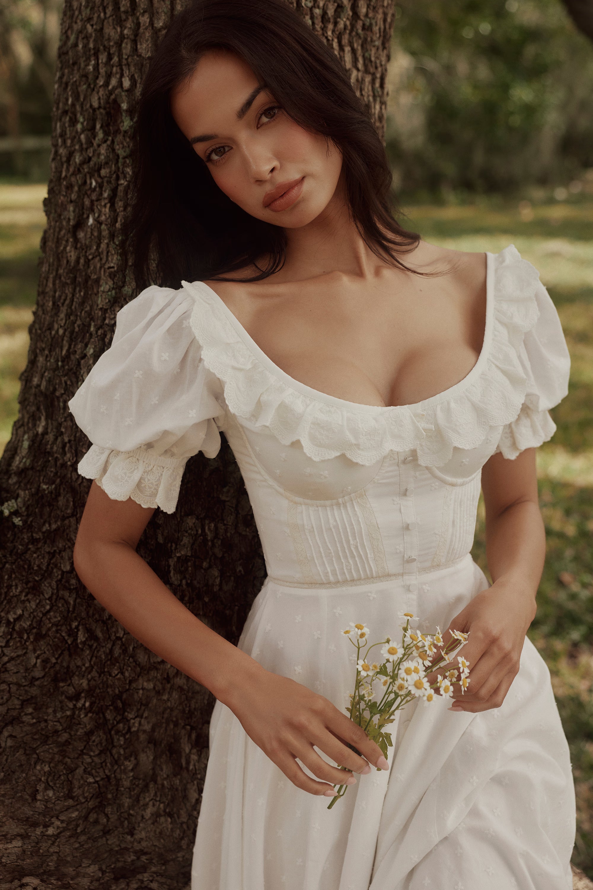 white broderie anglais babydoll midi dress