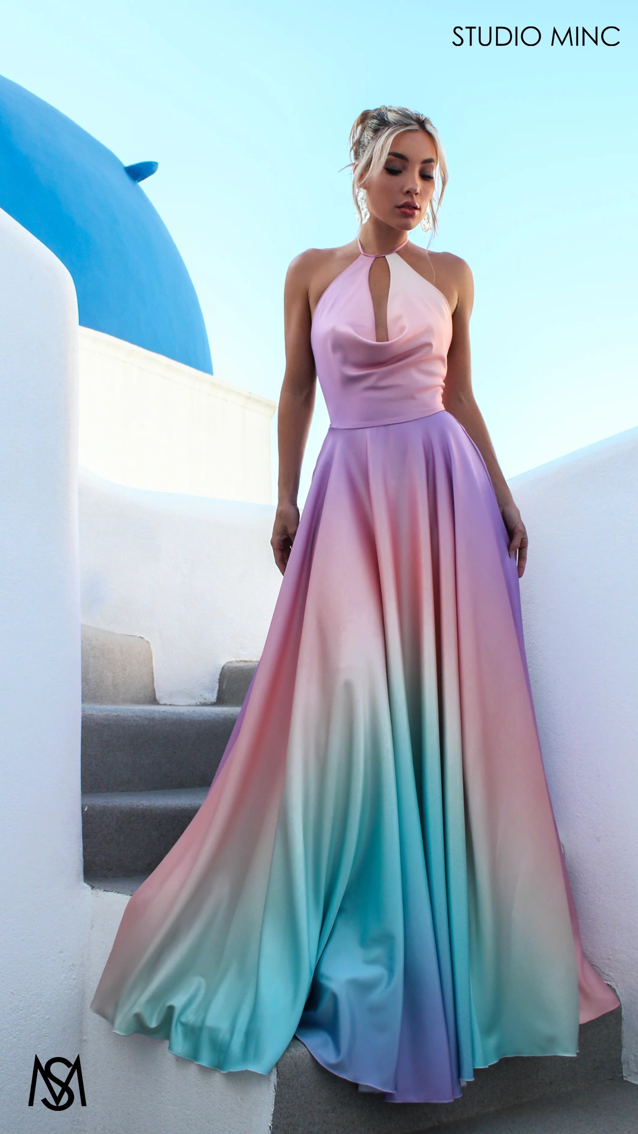 SUNSET PINK - Multi Colour pink Formal Dress, Satin High Neck Plunge & Backless