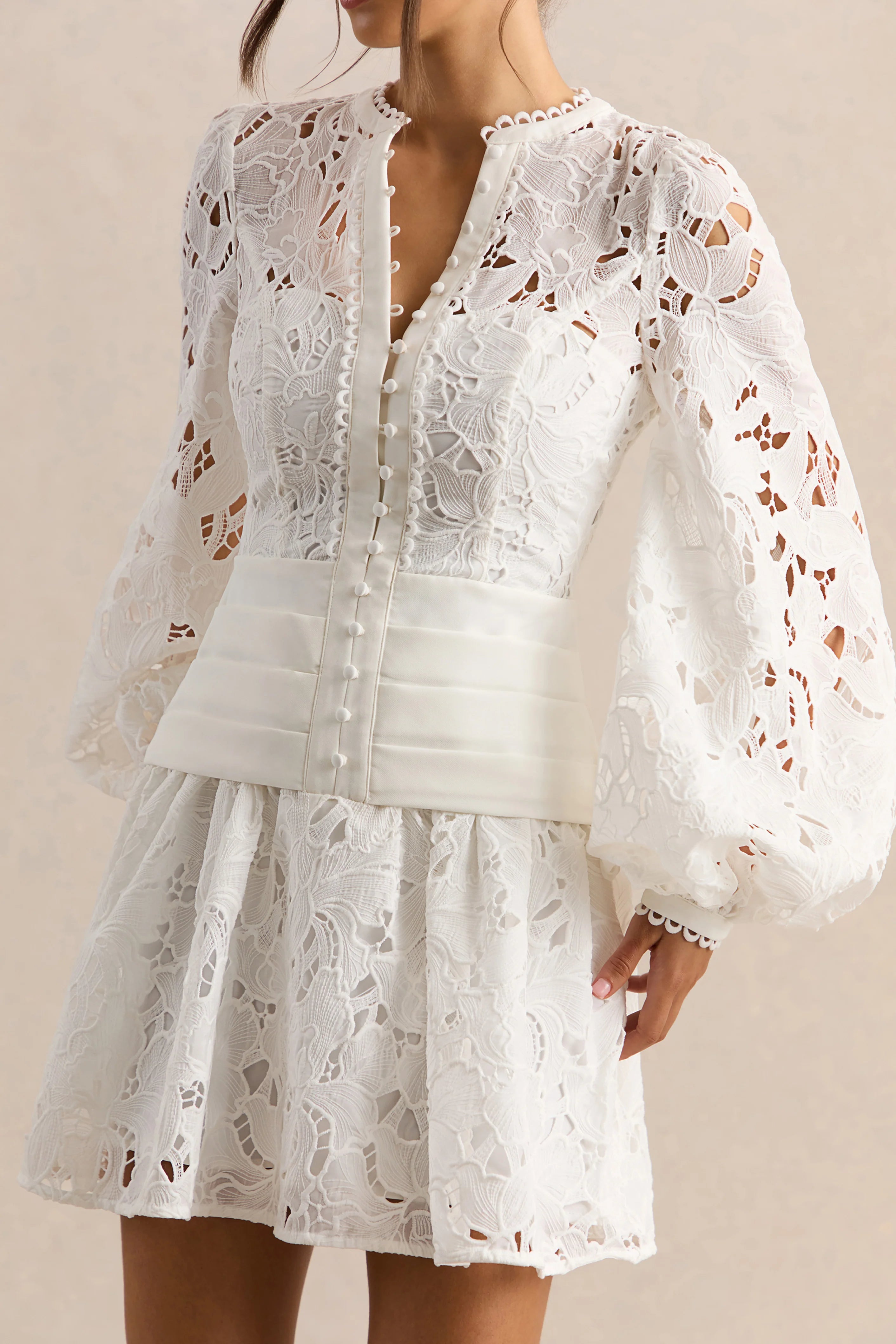 Helena | White Crew-Neck Mini Dress With Puff-Sleeves and Pleated Skirt