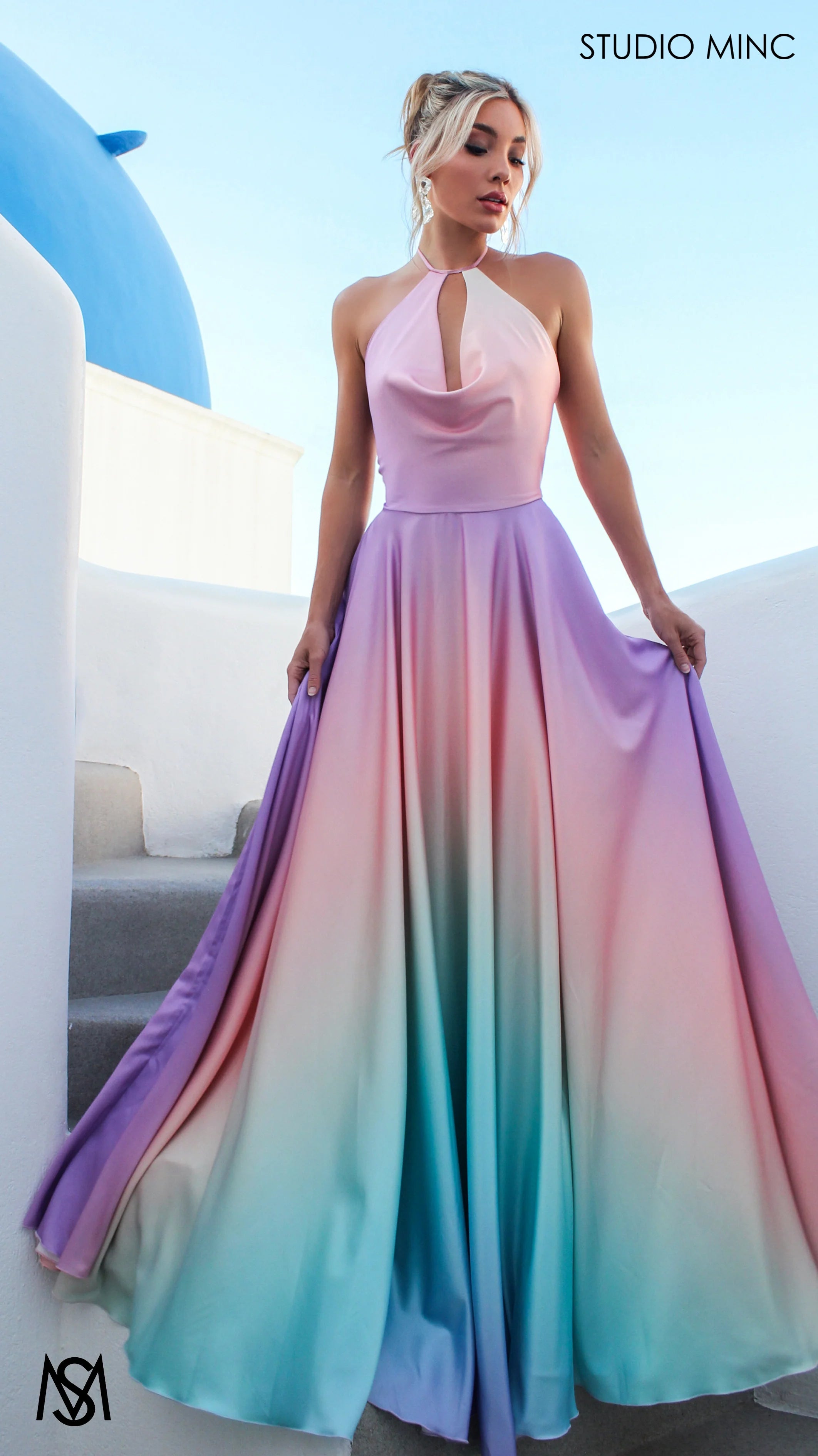 SUNSET PINK - Multi Colour pink Formal Dress, Satin High Neck Plunge & Backless