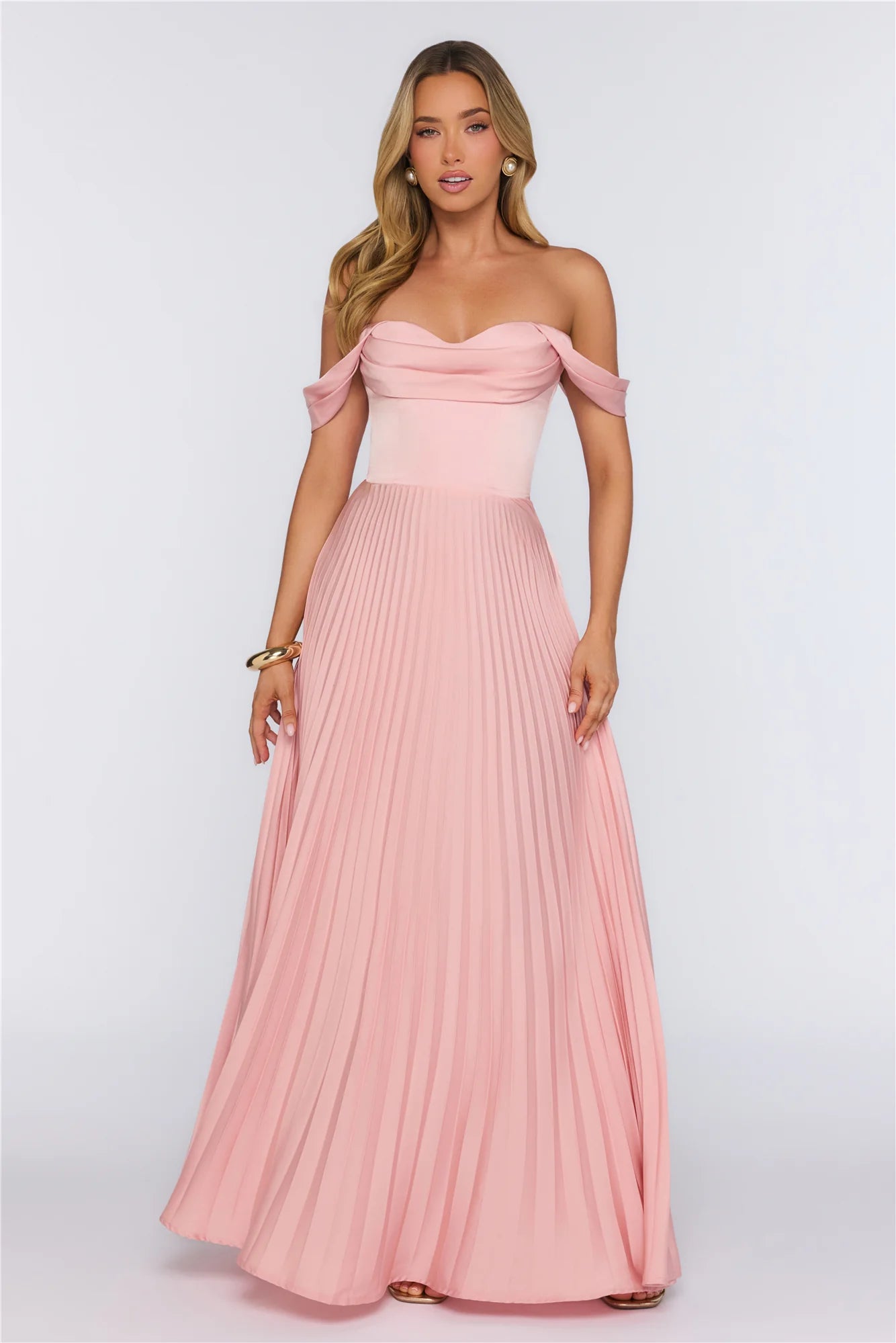 Elegant Glow Pleated Off Shoulder Maxi Dress Pink