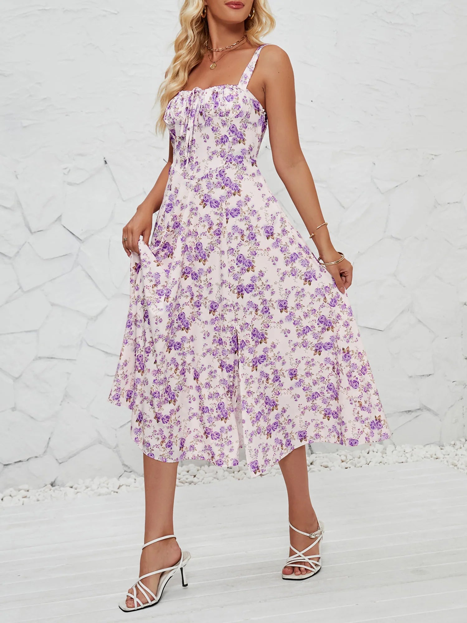 Floral Sleeveless Lace-Up Side Slit Dress Sundress
