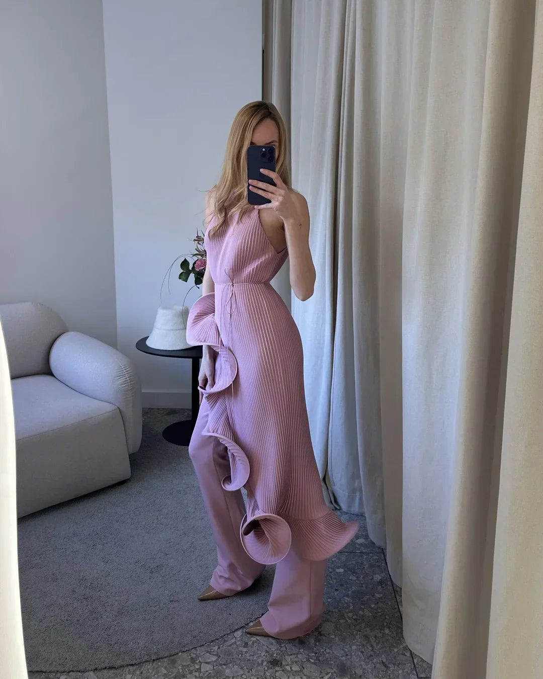 Sculpted Ruffle Asymmetric Hem Halter Midi Dress