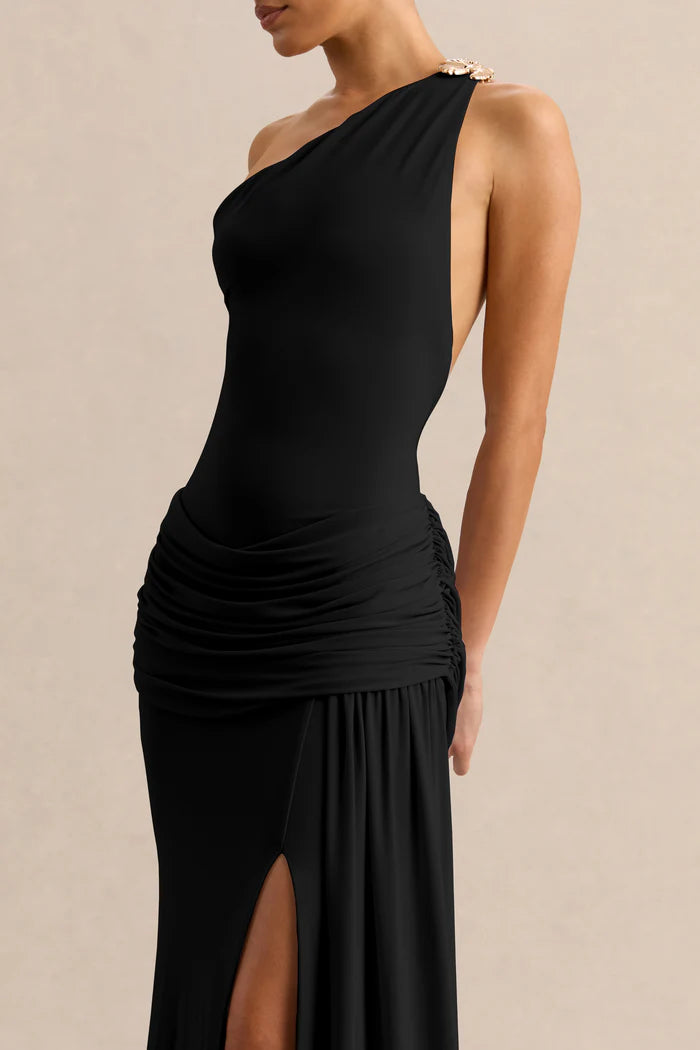 Black Asymmetric-Neck Maxi Dress With Gold-Detail And Front-High Split