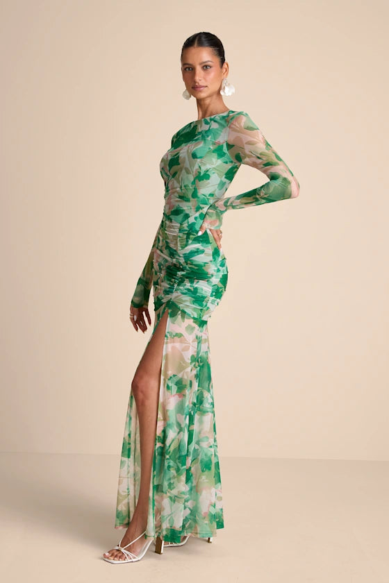 Vibrant Poise Green Floral Print Mesh Ruched Maxi Dress