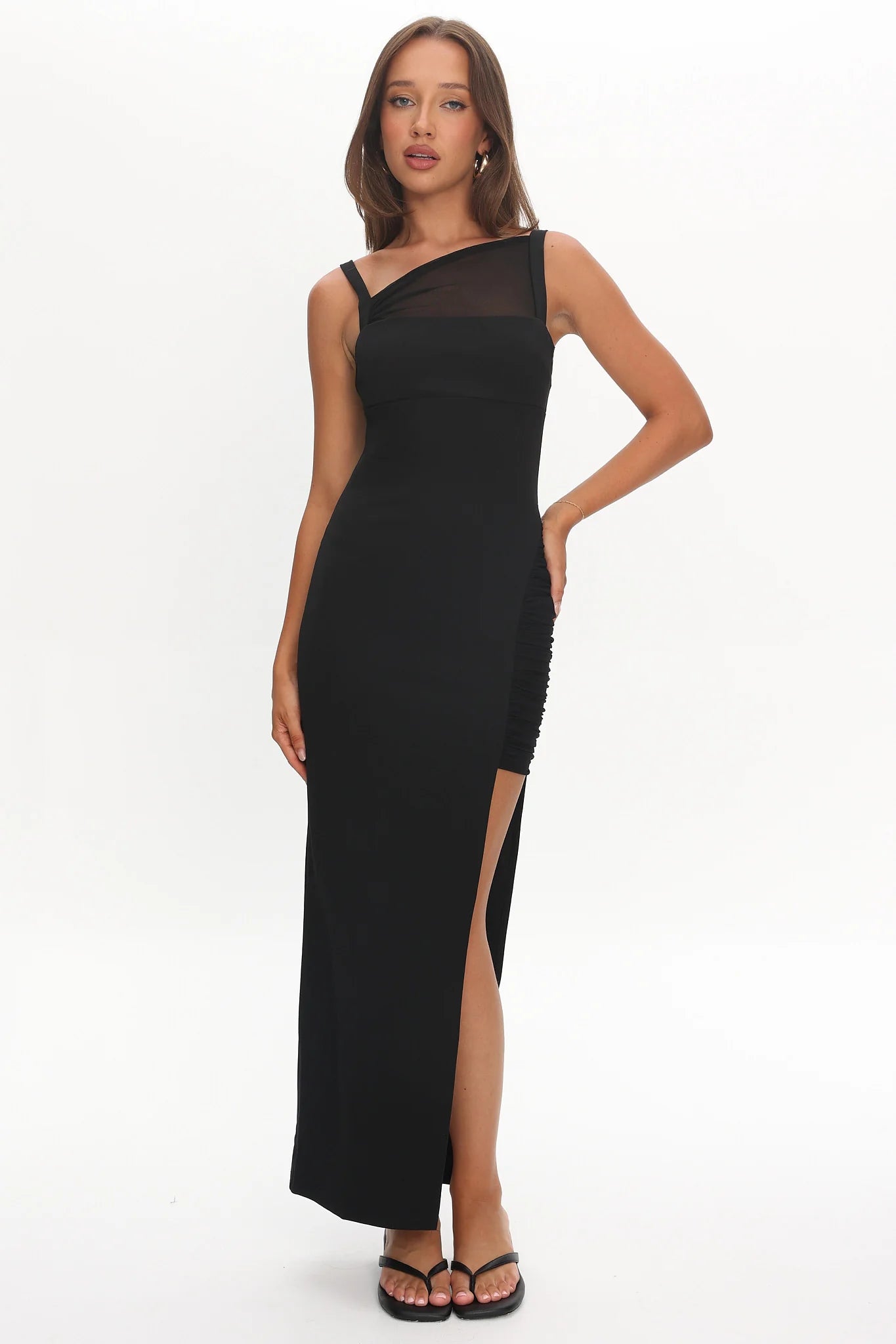 Zenya Split Ruched Midi Dress Black