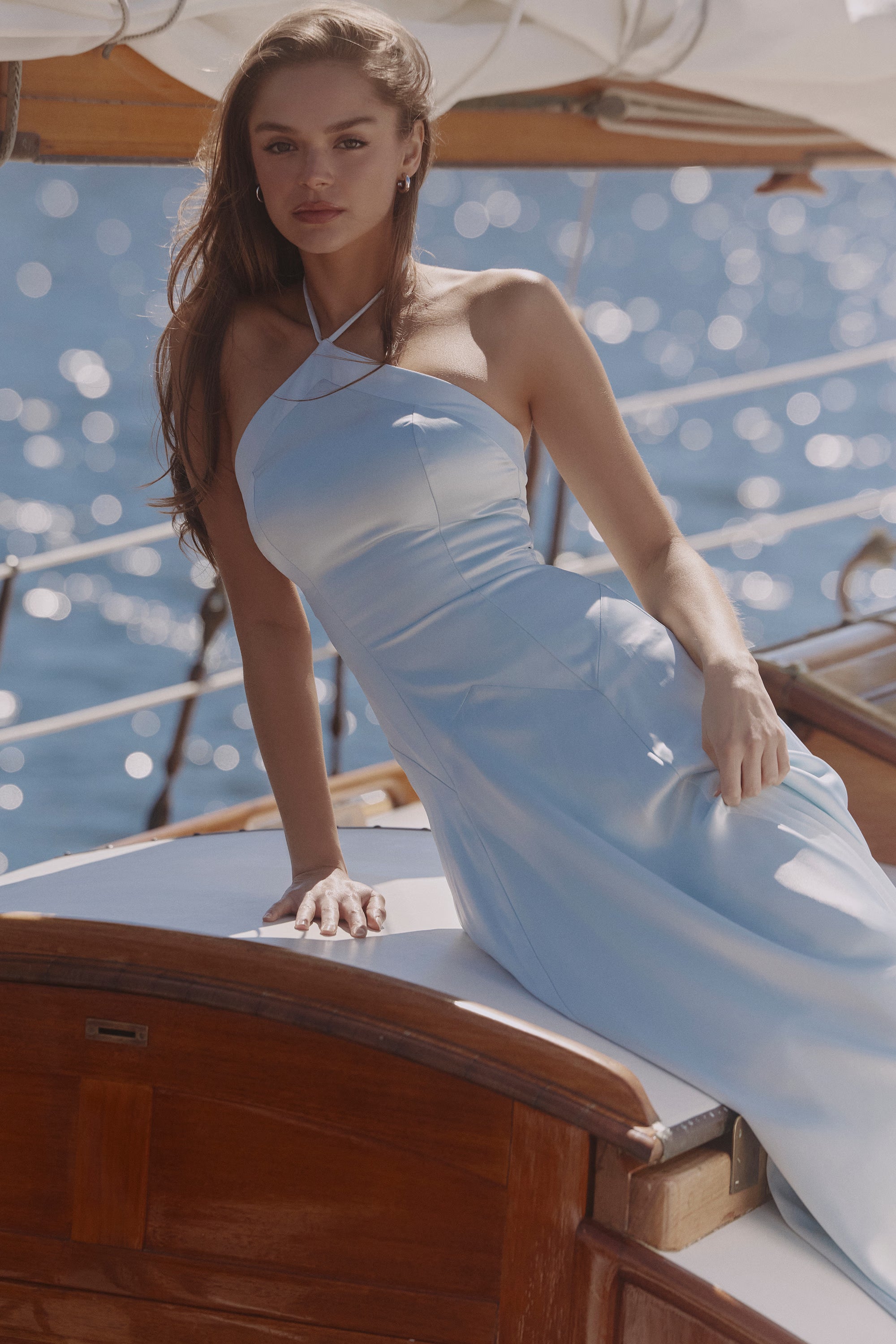blue satin halter neck godet maxi dress