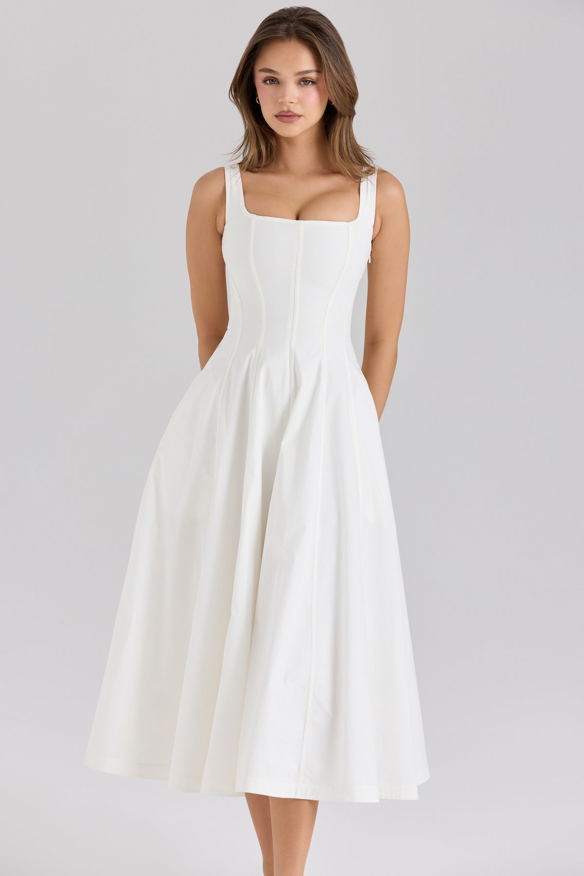 Mariabella-White Stretch Cotton Midi Sundress