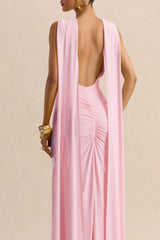 Premiere | Light Pink Boat-Neck Maxi Dress With Cape-Sleeves And Open-Back