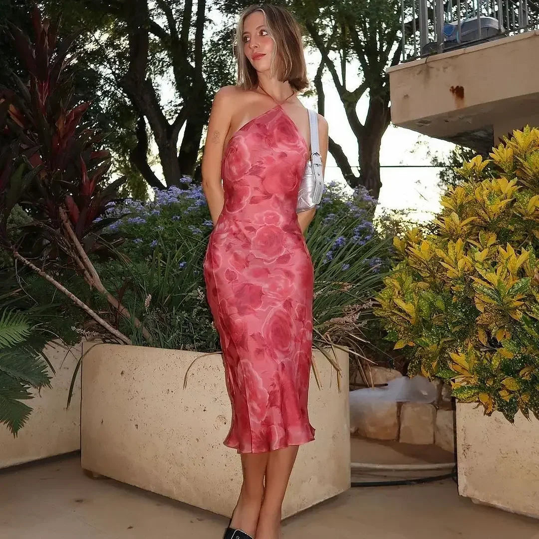 Rose Pink Print Halter Midi Dress